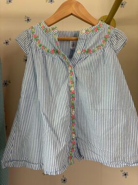 Baby Gap Blue & White Striped Button Front Dress with Floral Trim